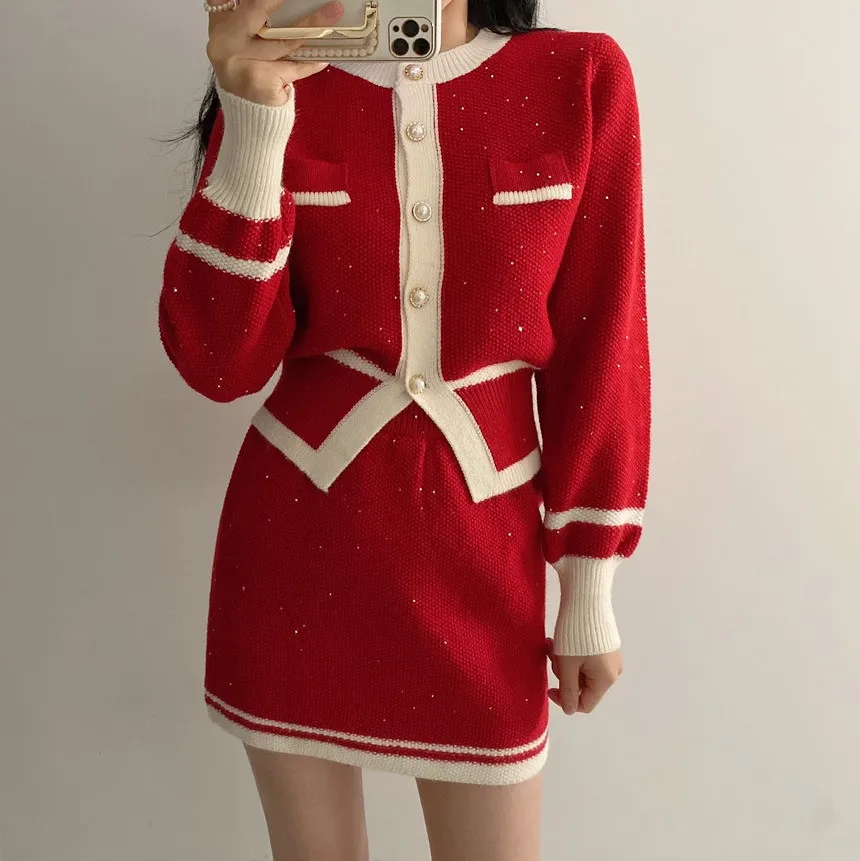 Vintage sequin Knitted Two Piece Set for women Contrast Color Long Sleeve Cardigan Top + Mini Skirt Sets Korean Fashion Outfits