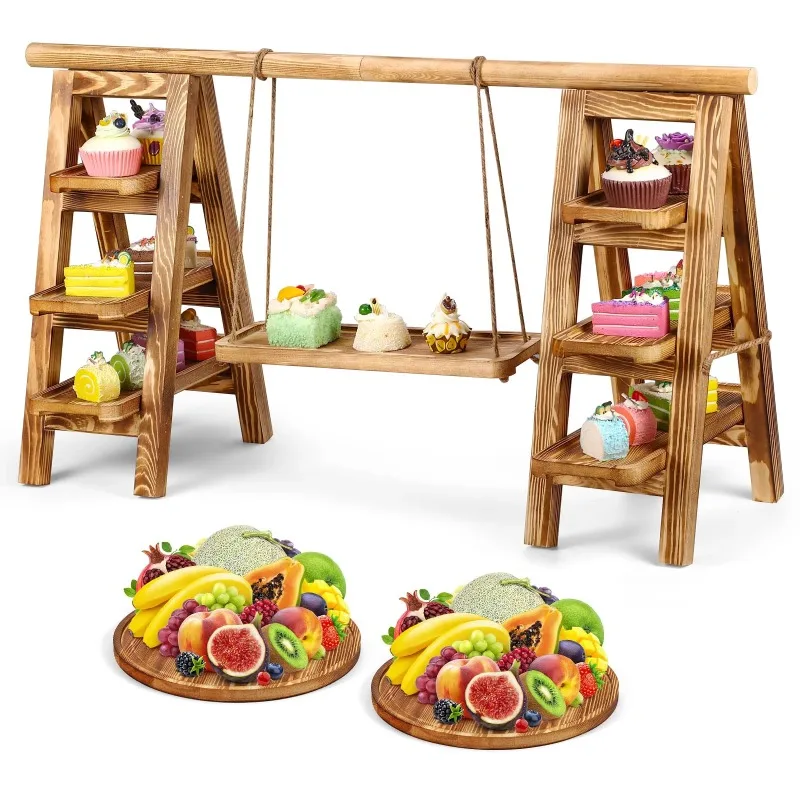 3-Layer Wooden Cupcake Holder 2-Piece Tray Set Swinging Cake Holder Food Display Wedding Party Baby Shower Other Occasions