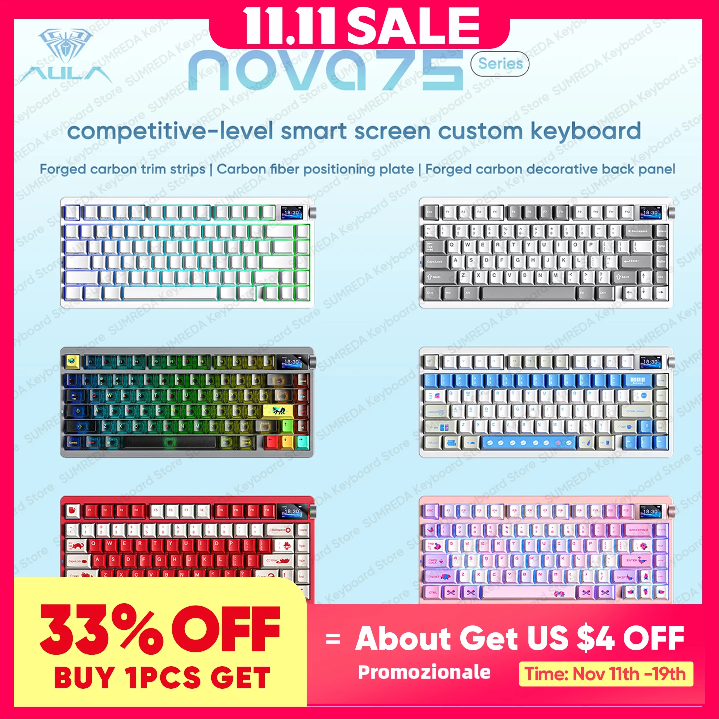 

AULA NOVA75 Pro Max Беспроводная механическая клавиатура 75% BT 2,4G Проводная игровая клавиатура RGB 10000 мАч с интеллектуальной ручкой управления экраном