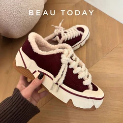 BEAUTODAY Canvas Women Cow Suede Leather Sneakers Casual Thick Sole Round Toe Winter Female Fur Shoes 29265