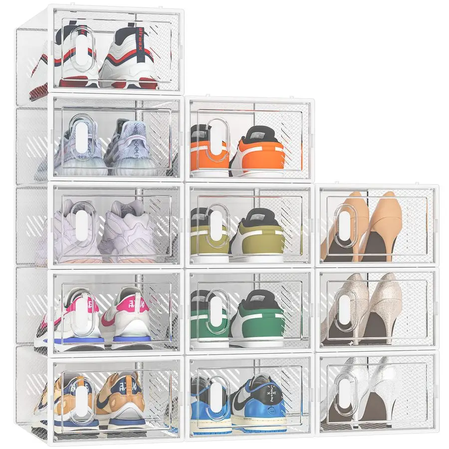 

Storage, 12 Pack Shoe Organizer for Closet, Shoe Boxes Clear Plastic Stackable Shoe Containers with Lids for Size 10