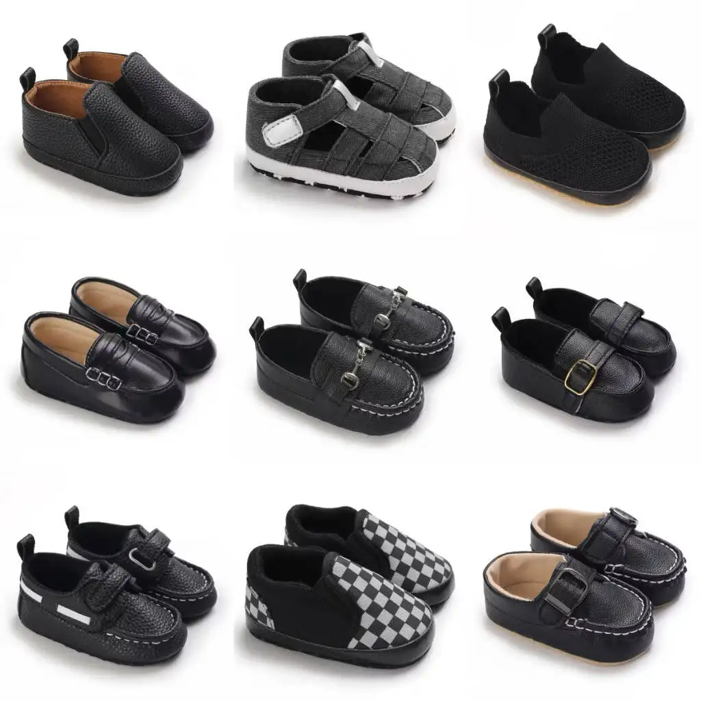 

Весенне-осенние модные черные прогулочные туфли для малышей 0-12 месяцев, удобные прогулочные туфли для мальчиков