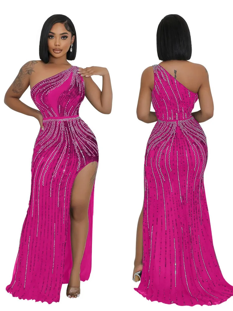 New Fashionable And Sexy Slant Shoulder Hot Diamond High Fork Evening Dress For Women