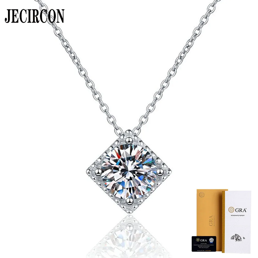 

JECIRCON S925 Sterling Silver Necklace for Women Simple Sugar Cube 1ct/2ct Moissanite Pendant Fashion Diamond Party Fine Jewelry