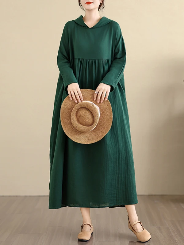 

Ретро-платье на раннюю осень, новинка, нежное, высококачественное, с капюшоном, свободного кроя, из хлопковой ткани, средней эластичности, с длинными рукавами, А-силуэт.