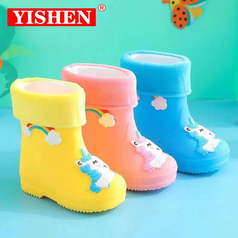 YISHEN Rainboots For Girls Boys Rubber Shoes Soft PVC Snow Boots Summer Winter Rain Boots Warm Plush Waterproof Kids Rain Shoes