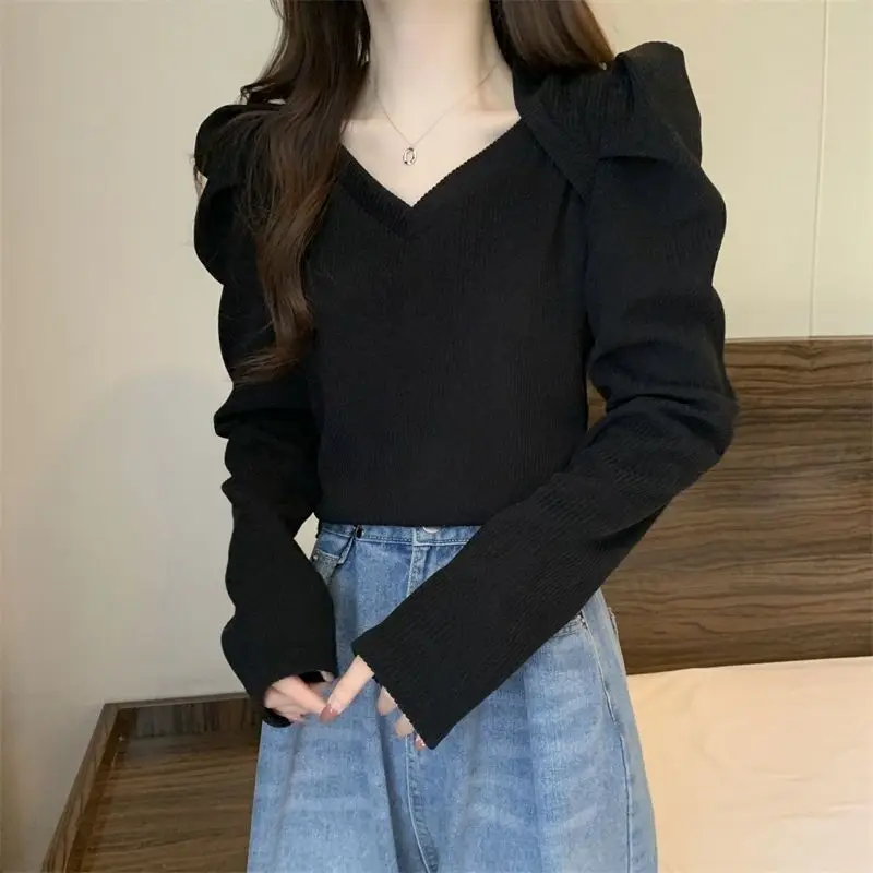 V Neck Pleated Korean T Shirt Tops Spring Autumn New Long Sleeve Solid All-match Fashion Pullovers Casual Sweet Women Clothing