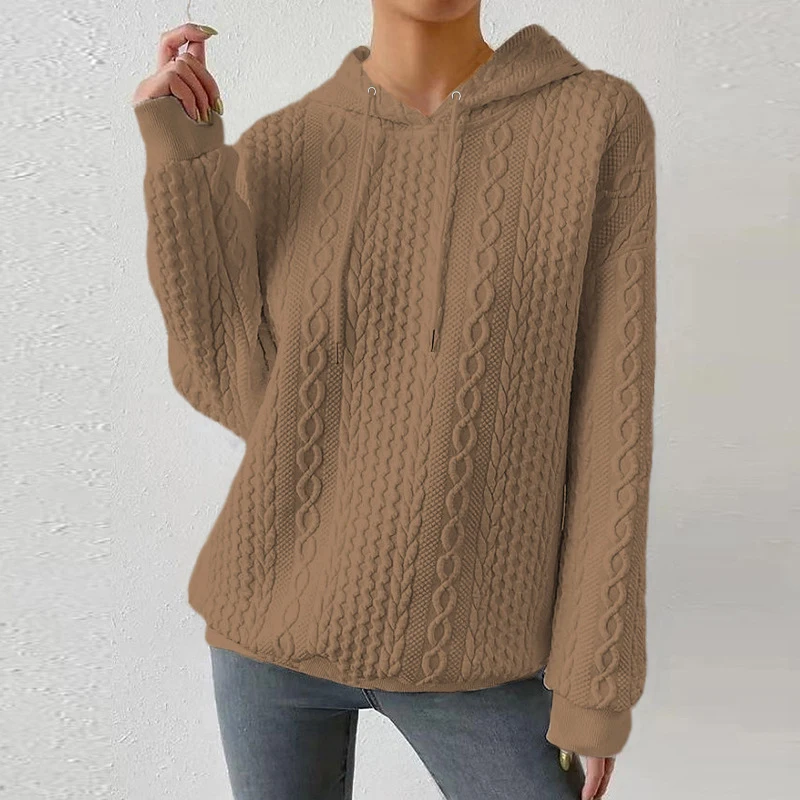 Women's   Long-Sleeved Jacquard Hoodie Loose Sweater with Straps for Autumn Winter New Fashion Style