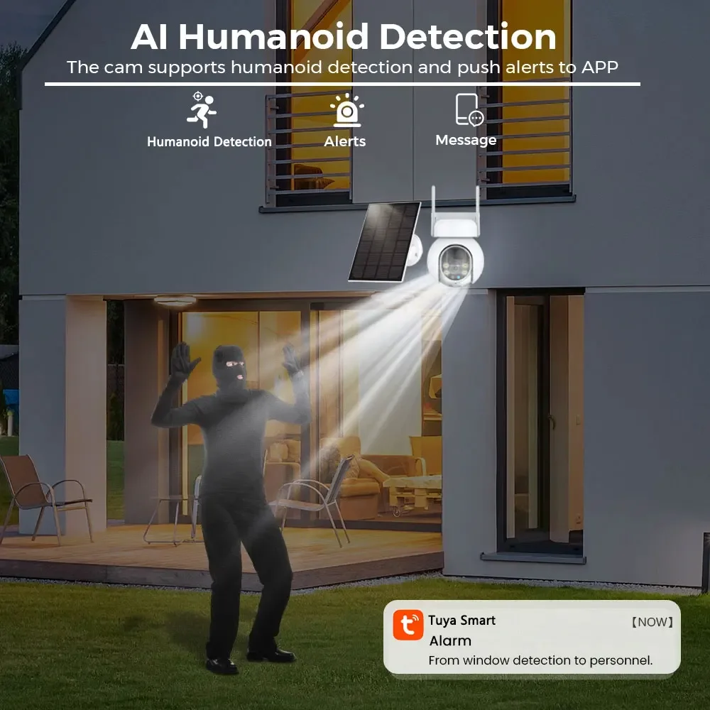 5MP Battery Solar Powered WiFi Wireless PTZ Outdoor PIR Human Detection Patrol PIR Security Surveillance FHD Camera Tuya Smart