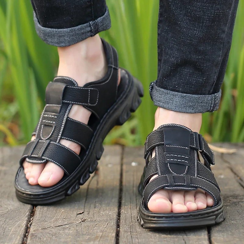 Sandales de plage en cuir véritable pour hommes, chaussures de grande taille, pour l'extérieur, à l'offre elles optiques, romaines, nouvelle collection, 2024