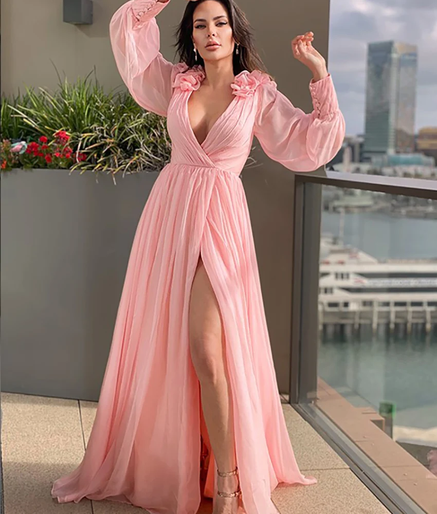 

Customized Sexy Chiffon A-Line 3D Flowers Buttons Evening Dress High Quality V-Neck Long Sleeves فستان سهرة نسائي