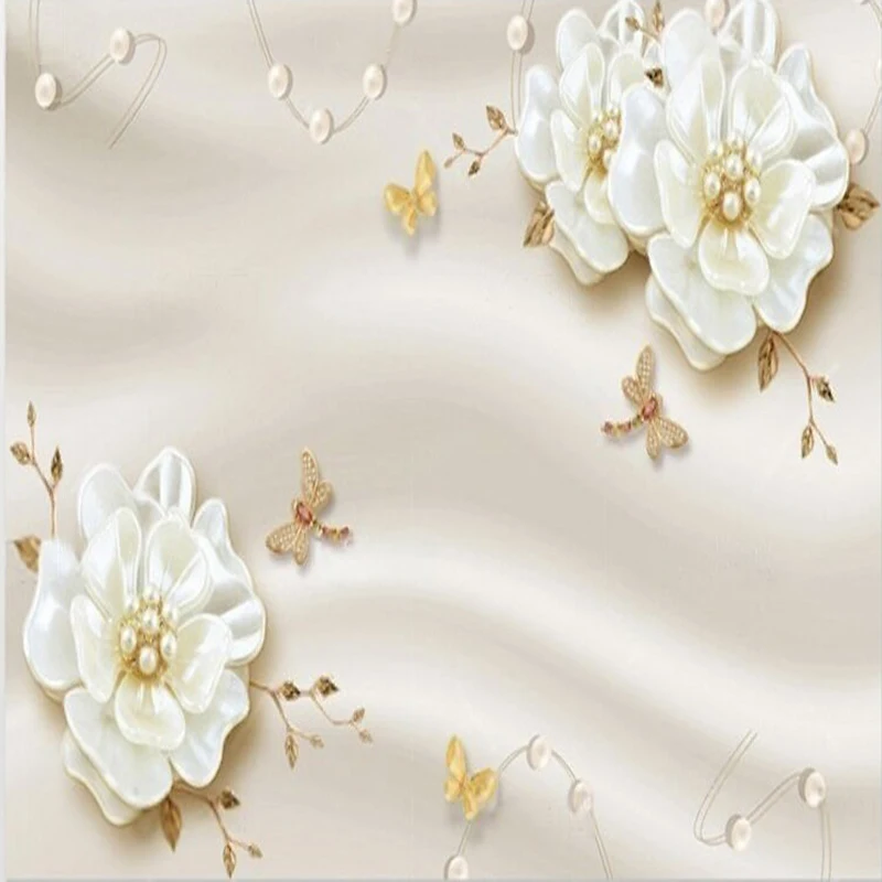 

3D golden stamens jewelry flowers golden leaves dragonflies butterflies TV luxurious home decoration bedroom background wall