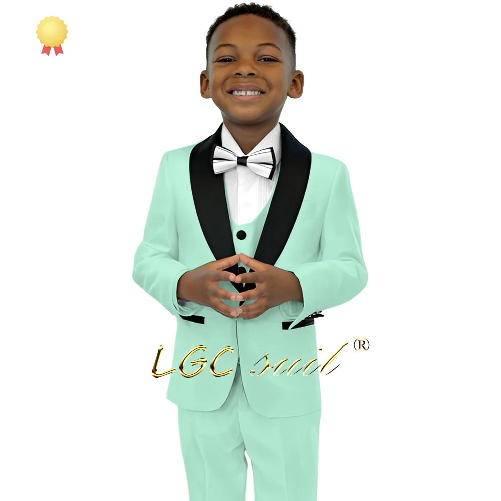 Terno e conjunto vestido de trรชs peรงas para meninos, preto, fruta verde, colarinho, colete e calรงas, adequado para festa e eventos