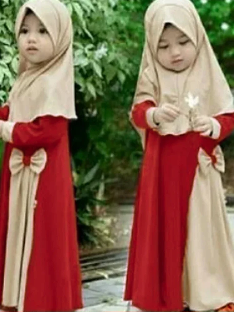 2Pcs Muslim Ramadan Prayer Dress Abaya Sets Children Girls Eid Khimar Hijab Arab Kids Long Robe Headscarf  Kaftan Gown jilbab