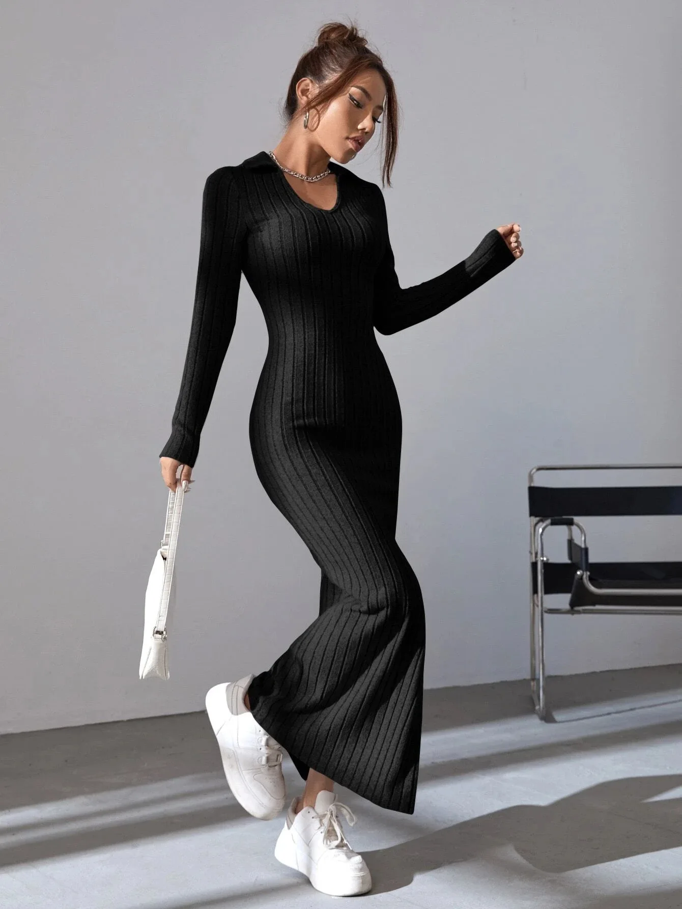 Knitted Slim Long Dresses Women Solid Color V-neck Package Hip Bodycon Slit Dress Fashion Trendy Lady Vestidos Autumn Winter New