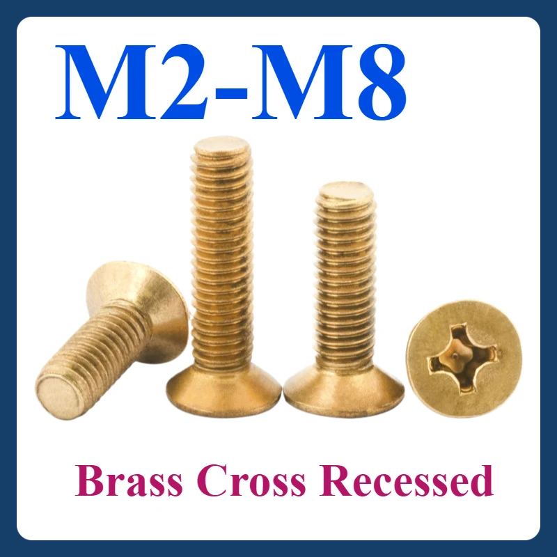 

5~100pcs M2 M2.5 M3 M4 M5 M6 M8 Brass Cross Recessed Countersunk Head Screws - Flat Head Fasteners，Corrosion-Resistant