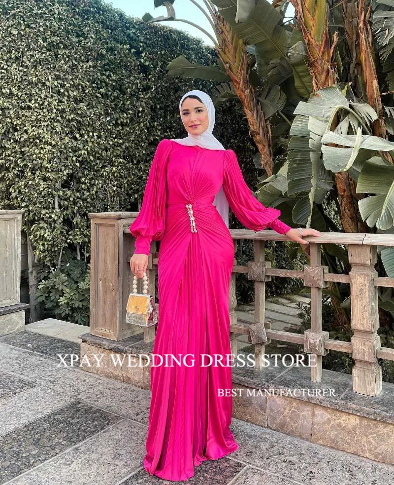 XPAY Modest Fuschia Muslim Arabic Women Evening Dresses Long Sleeves O-Neck Dubai Formal Occasion Party Dress Wedding Guest