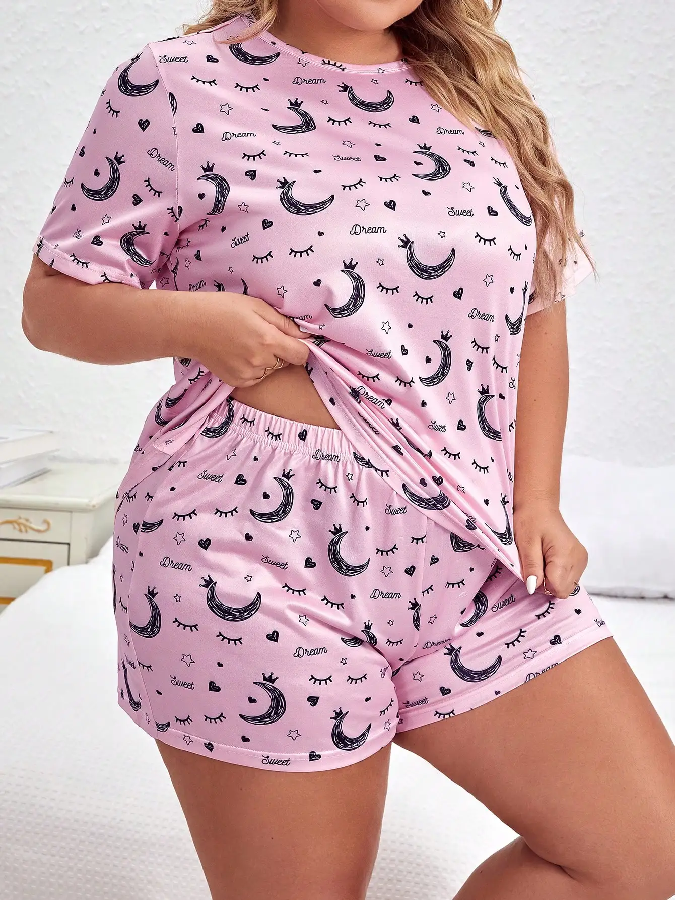 Summer cute printed pink short sleeved top&shorts, oversized pajamas, home clothing 2-piece set