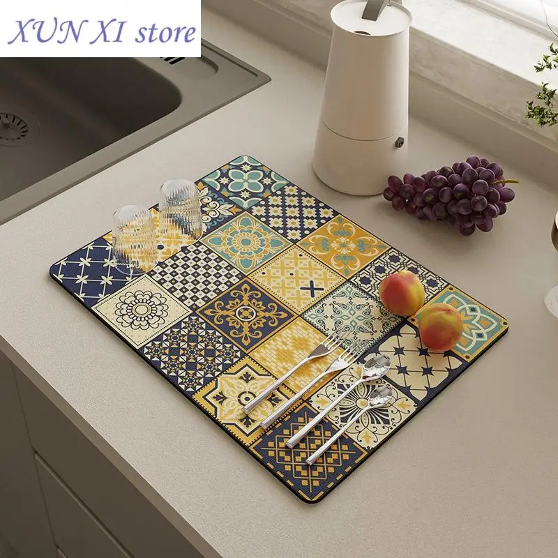 2023 Retro Kitchen Absorbent Drain Pad Coffee Bar Dish Drying Mat Quick Dry Super Absorbent Drainer Mat Kitchen Tableware Mat