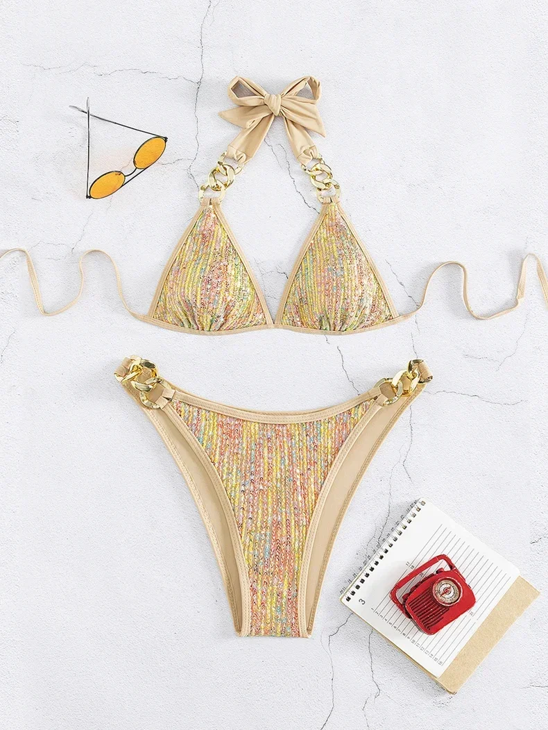 Shiny Sequin Gold Bikini Set 2025 Women Metal Strap Push Up Micro Swimsuit Luxury Cut Out Bathing Suit Chain Thong Swimwear