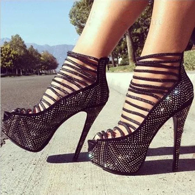 

New Mixed Color Geometric Rhinestone Front Elastic Cutout Pumps Women's Peep Toe High Platform Super High Heels Club Sexy Shoes