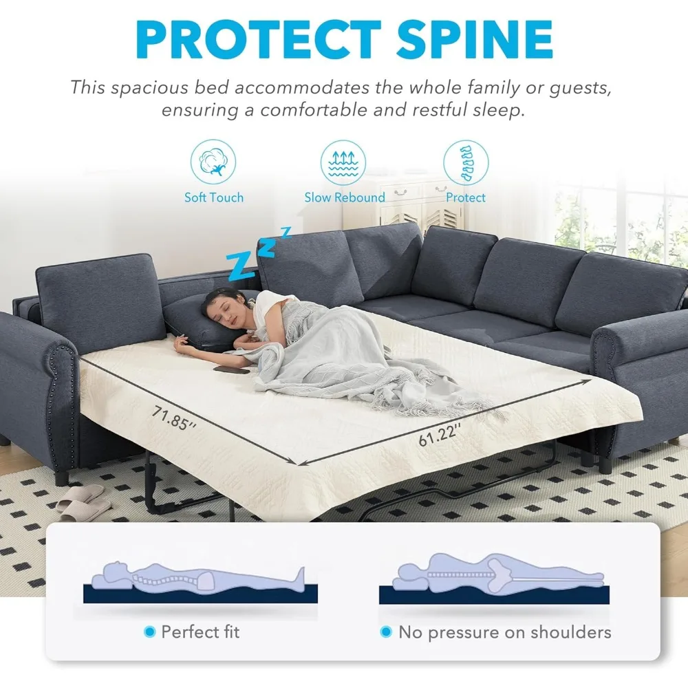 Sofá cama, sofá removível com colchão, sofá de 6 lugares de 104 polegadas, sofá moderno e confortável em forma de L, cinza
