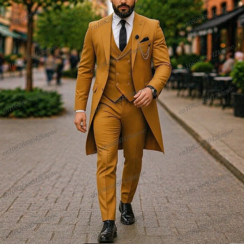 

Long Blazer Gold Formal Men Suit Groom Wedding Party Prom Business Male Tuxedos 3 Piece Set Jacket Vest Pants