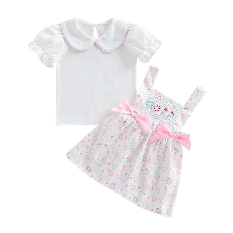 

Летняя одежда для маленьких девочек, рубашки с кукольным воротником и короткими рукавами, комбинезон с 3D бантом и пончиком, комплект из 2 предметов