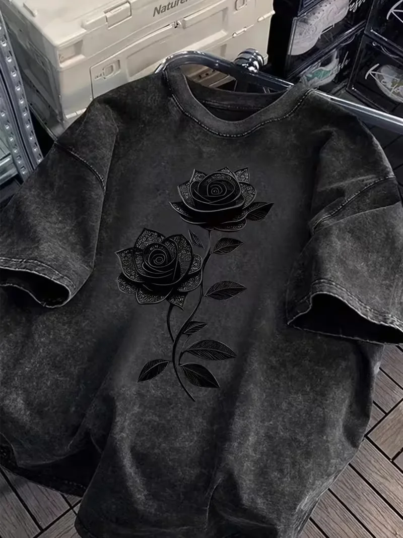 Dark Black Rose Graphic Print T Shirt Washed Vintage Casual Loose Streetwear Daily Wear Short Sleeve Goth Top for Women