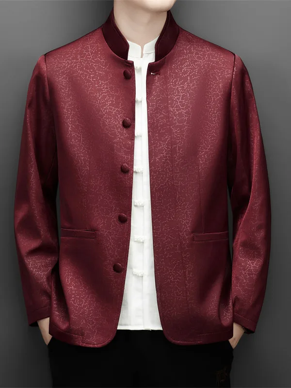 

Casual Red Chinese Costume Jaet Men's Spring Autumn Stand Collar Breathable Polyester Fiber Elastic Fiber Zipper Closure