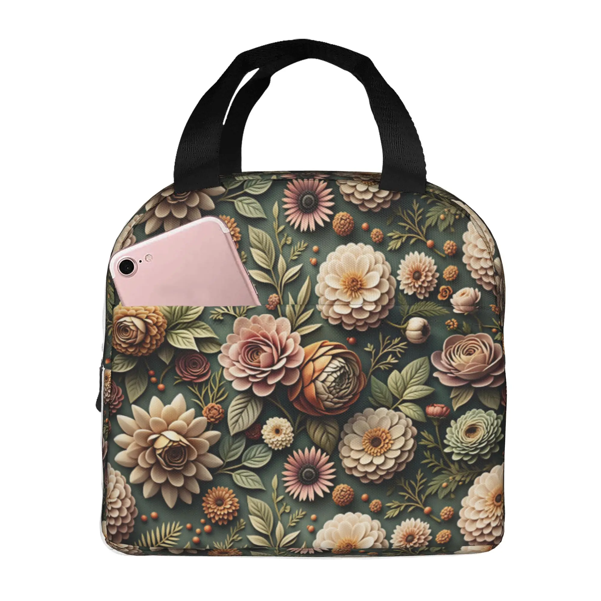 Luxury High 3D Floral Insulated Lunch Bag for Women Waterproof Fashion Trend 3D Flowers Cooler Thermal Lunch Tote School