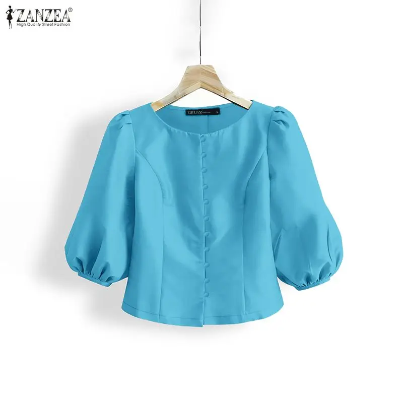 ZANZEA Woman Elegant Satin Silk Shirts 3/4 Lantern Sleeve O-Neck Button Up Short Blouses Summer Solid Color Party Chemises Femme