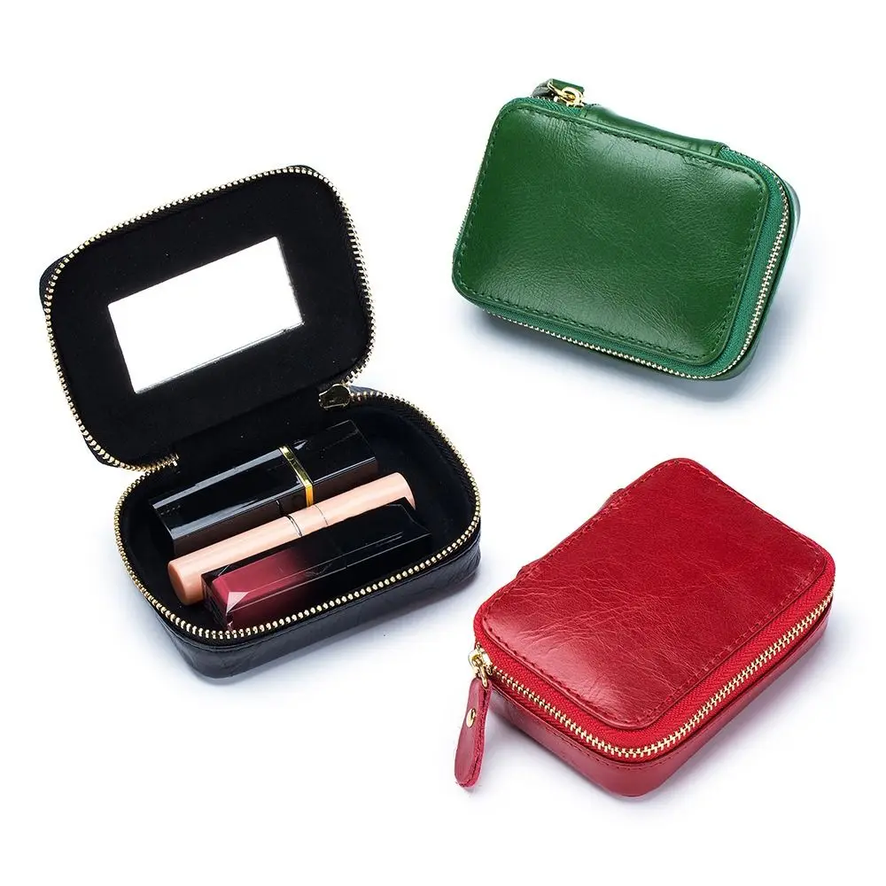 Compact Genuine Leather Lipstick Case Mini Size Portable Makeup Bag Handheld Coin Purse Cable Organization