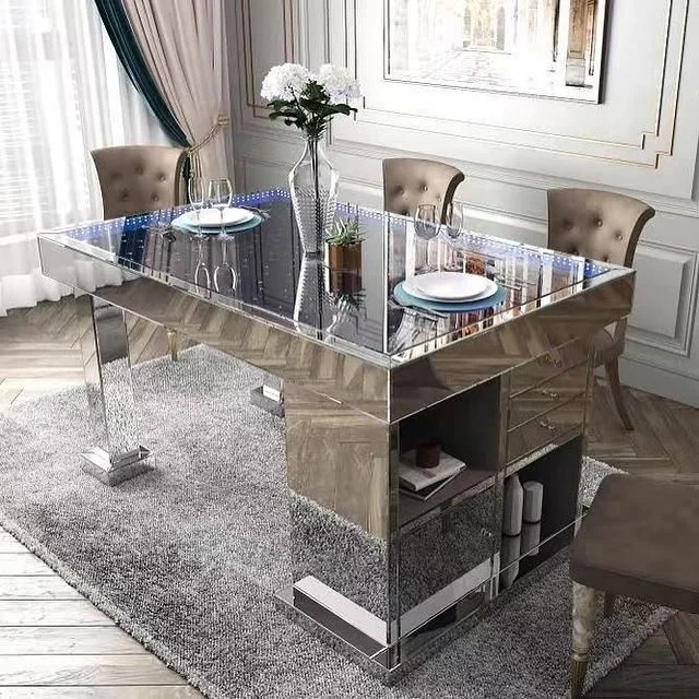 Modern Luxury Mirrored Dining Table Kitchen Table with Led Light Glass Top with Storage