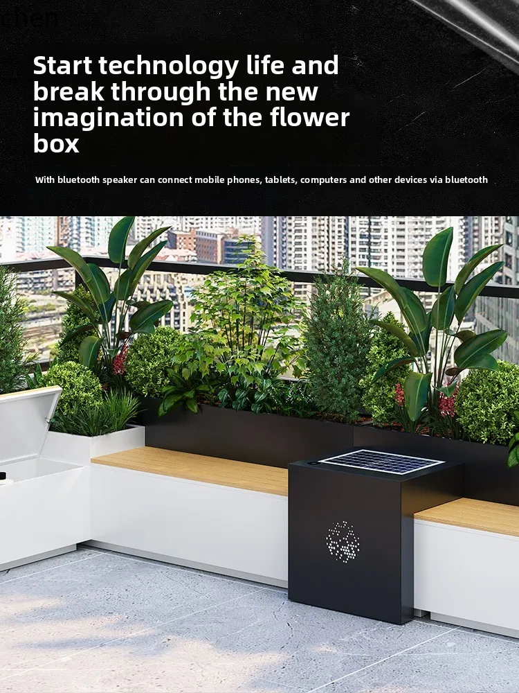 Outdoor Stainless Steel Planter Box Seat Combination Solar Wireless Phone Charging Terrace Plastic Wood