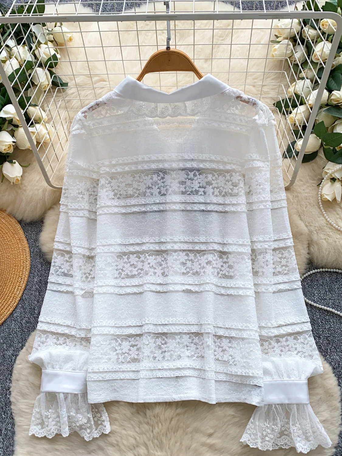 Ele Long Sve Lace irt Damen-Puppenkragen mit dünnem SLE-Knoten, Farbe Bl, Pendelfreundlich, koreanische lockere Passform