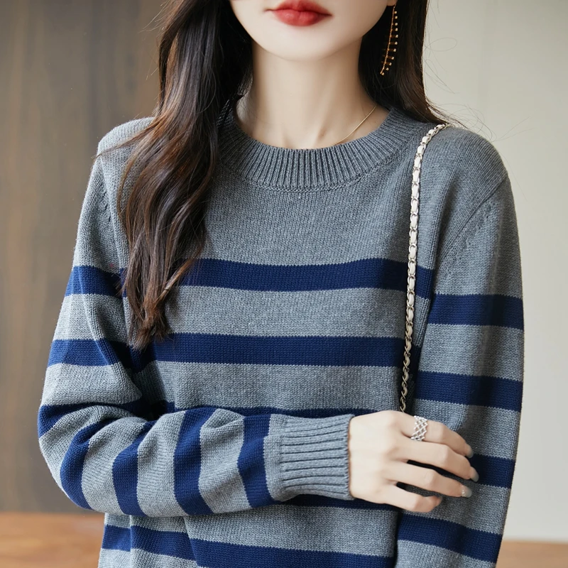 المرأة 100% القطن الخالص س الرقبة البلوز سترة الخريف والشتاء محبوك سترة مخططة فضفاضة وعصرية المرأة