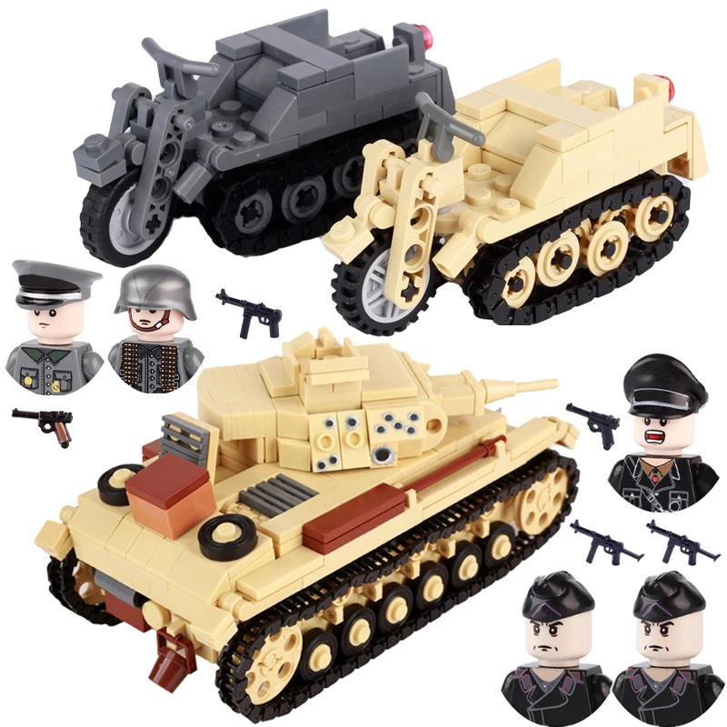 

Military German Tank Vehicle Model Building Blocks SDKFZ.2 Tracked Motorcycle WW2 Army Soldier Figures Weapon Bricks Toys