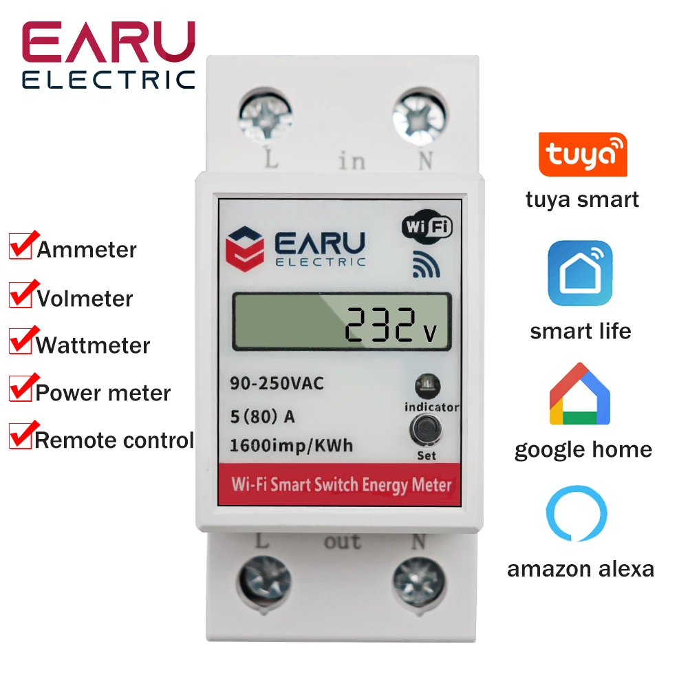 Medidor de Energia Inteligente Wifi Voltímetro Interruptor de Controle Remoto Consumo de Energia Kwh Trilho Din 90250v Smart Life Tuya Alexa Google Home