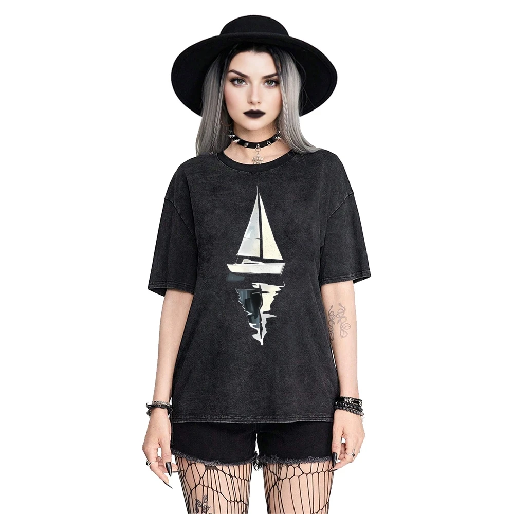 เสื้อยืดลายเรือใบสะท้อนแสงผ้าซักย้อนยุคฤดูร้อนลำลองหลวมแขนสั้นกราฟิกทะเลสงบเสื้อผ้าแฟชั่นยอดนิยม