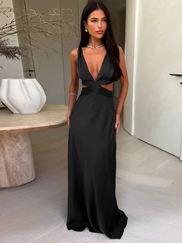 Articat elegante cetim sem mangas oco para fora vestido feminino novo sexy vestido longo hip envolto profundo v festa vestido de noite férias praia
