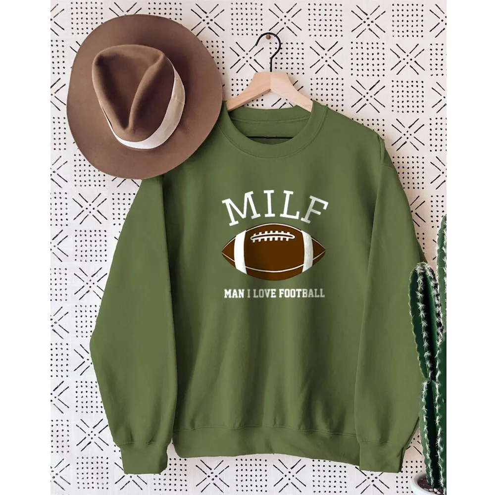 Rheaclots Funny MILF Man I Love Football Print Women's Cotton Female Cute Long Sleeves Sweatshirt