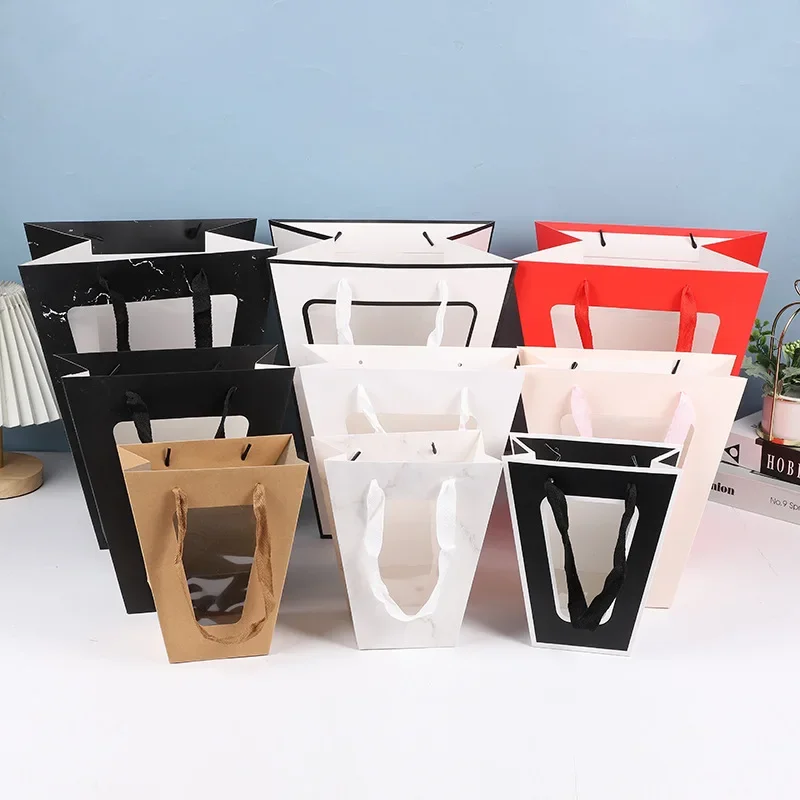 10/20pcs Trapezoid Shape Gift Bag Transparent Window Flower Bouquet Kraft Paper Boxes Wedding Party Portable Packaging Supplies