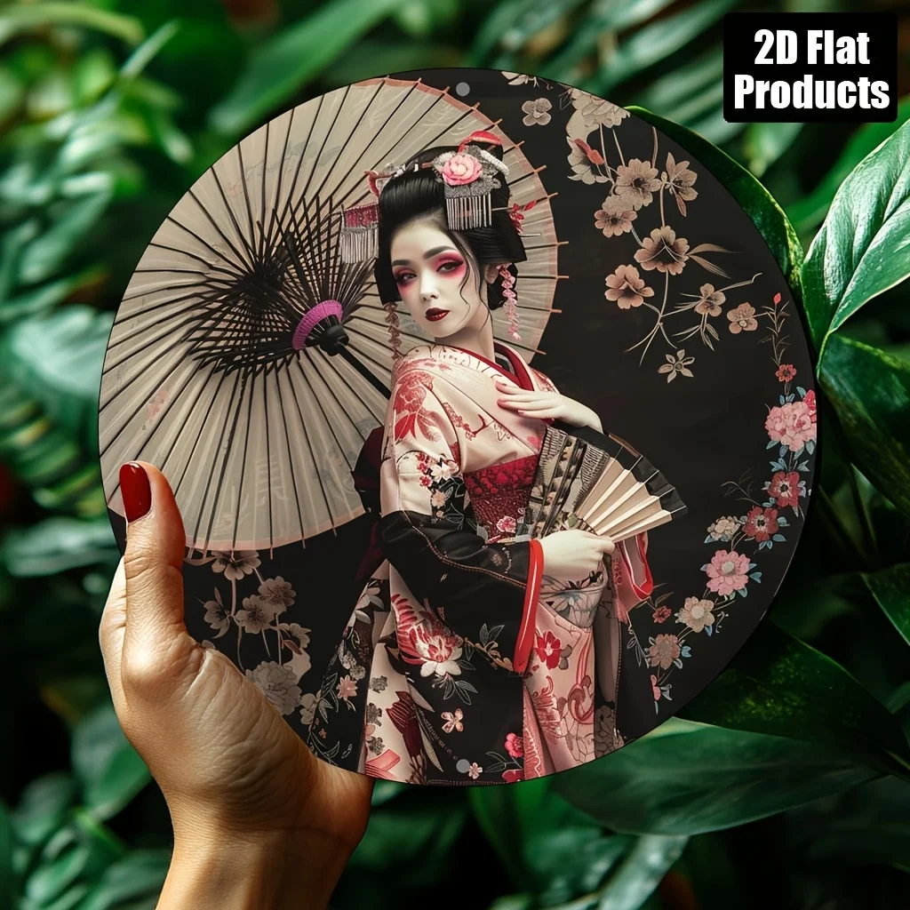 مسطح ثنائي الأبعاد - قطعة واحدة من الكيمونو الياباني العتيق للنساء من الألومنيوم - لافتة معدنية مستديرة مقاس 8 × 8 بوصة مع مظلة سوداء وزهور وردية، Tr