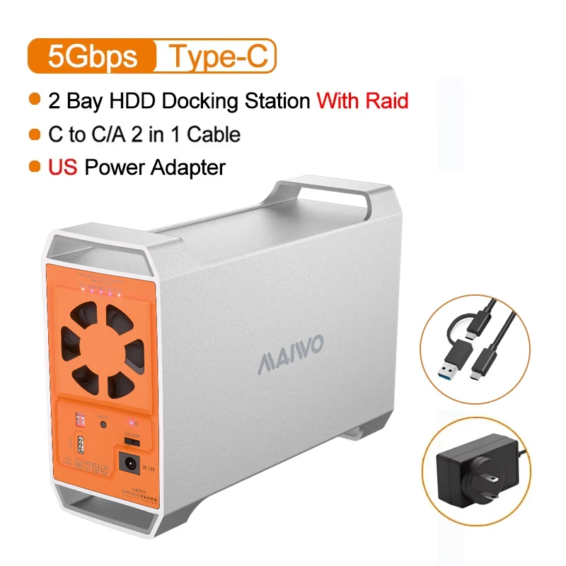 MAIWO Dual Bay 3,5 inch SATA HDD-behuizing met 60 TB capaciteit 4 RAID-modus opslag temperatuurregeling en warmteafvoerbehuizing