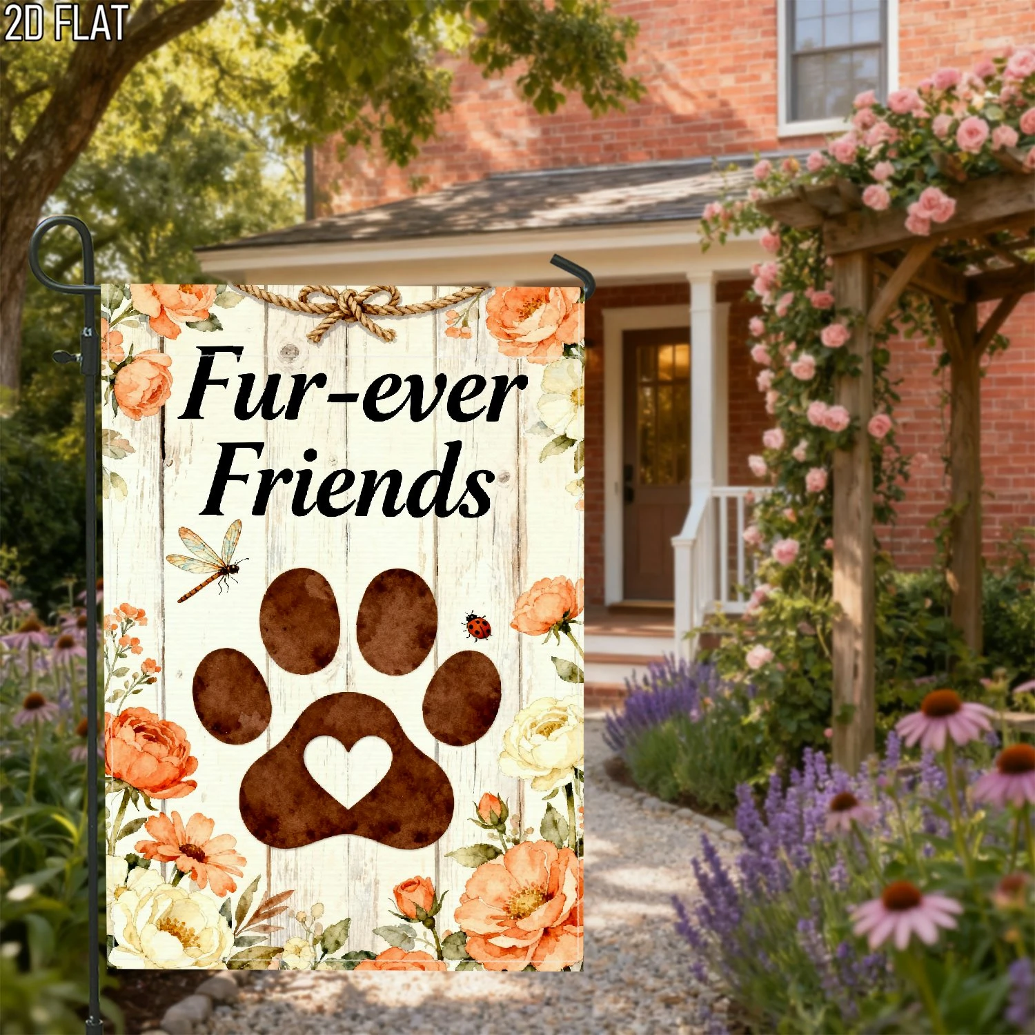 1pcs Fur-ever Friends Watercolor Floral Paw Print Garden Flag Rustic Farmhouse Yard Flag for Pet Lovers Outdoor Decor