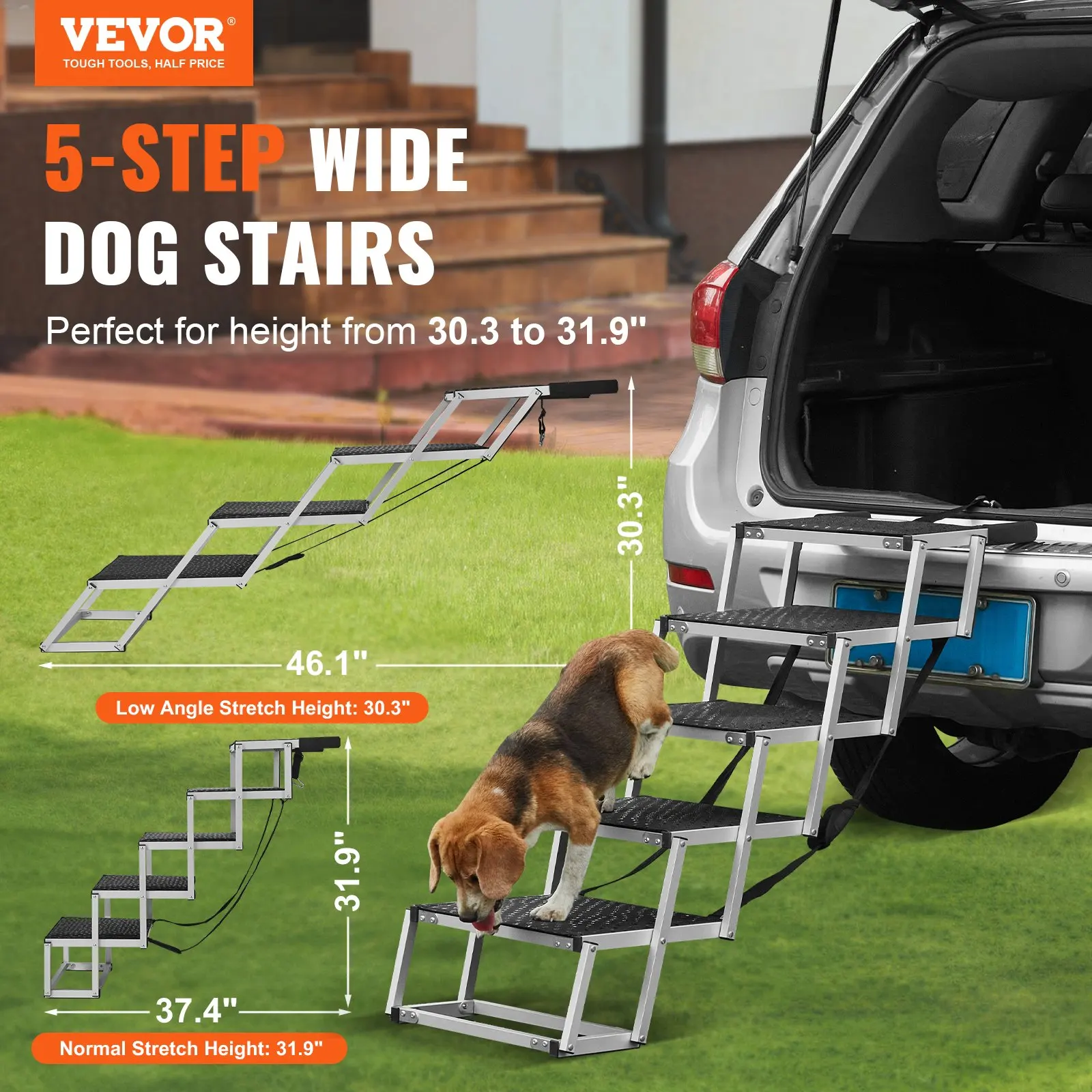 5-Step Folding Dog Car Stairs, Aluminum Pet Steps for Large Dogs, Portable Dog Ladder for Cars SUV Truck, Heavy Duty Up to 150lbs