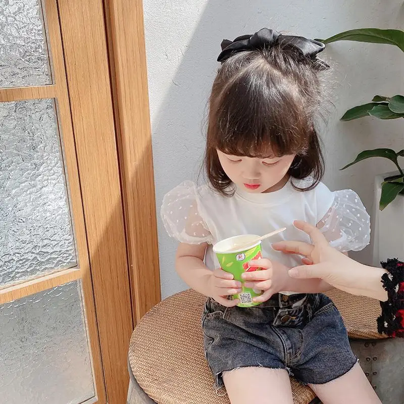 2024 Summer Girls Fashion Puffy Sleeve T-shirts Baby Kids Children Short Sleeve Tee Two Colors