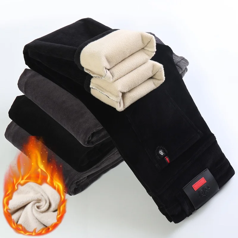 

Winter Men's Corduroy Plush Casual Pants Classic Fashion Straight Warm Pants Business Casual Stretch Comfort Pants Black Gray