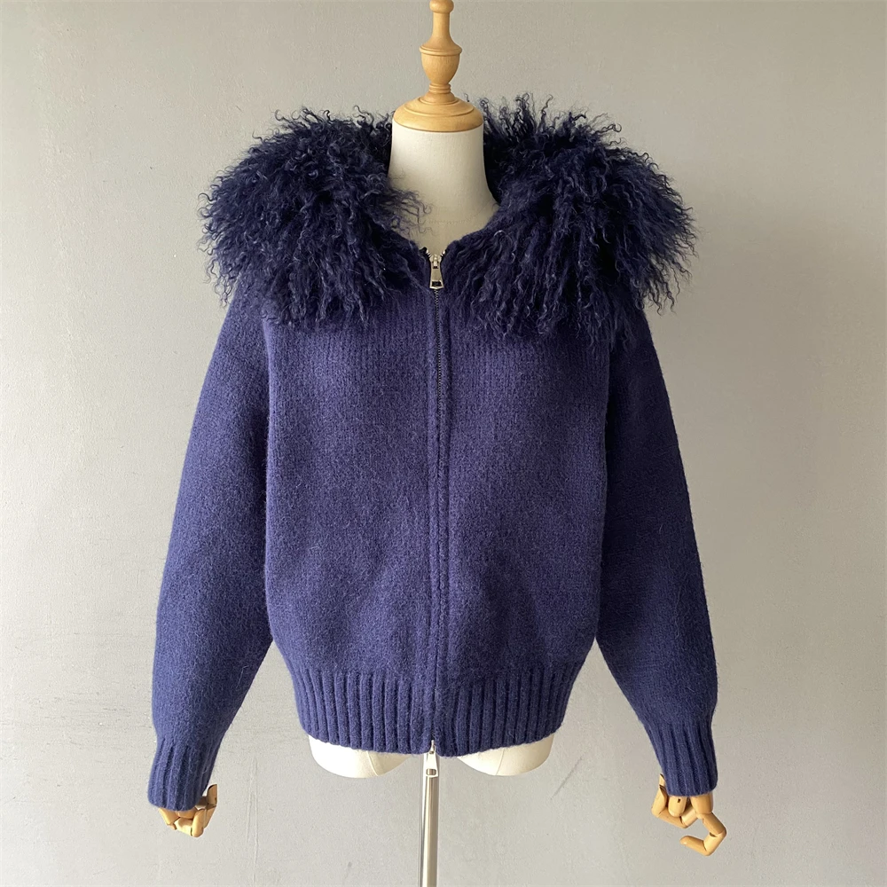 Jaxmonoy المرأة سترة مع الفراء الحقيقي السيدات الخريف موضة مقنعين سترة مشغولة من الصوف كبير المنغولية الأغنام الفراء طوق سترة 2025 جديد